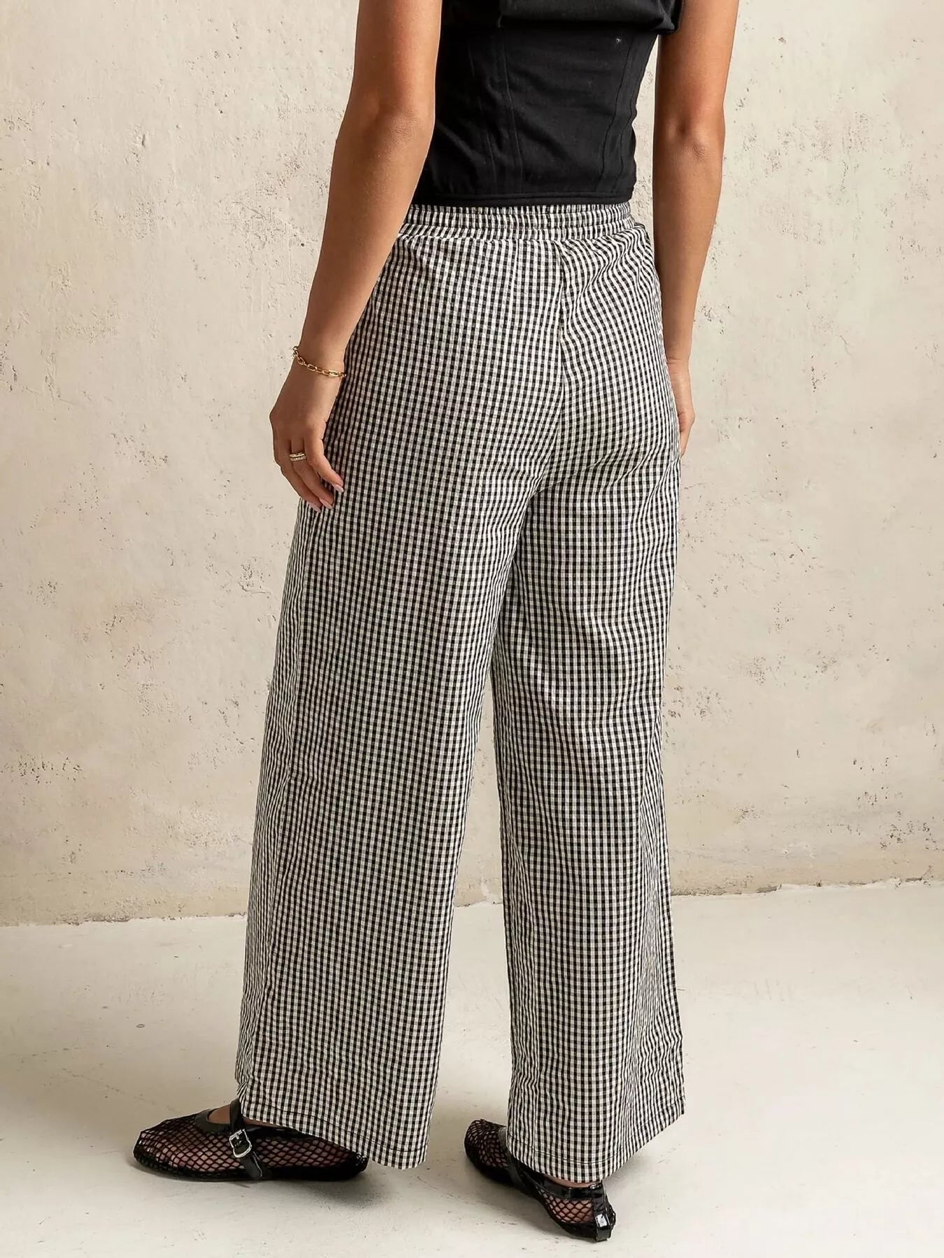 Gingham Print Wide Leg Pants