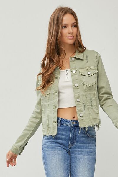 Plus size raw hem cropped denim jacket in green by RISEN, featuring button-up front and trendy distressed detailing.