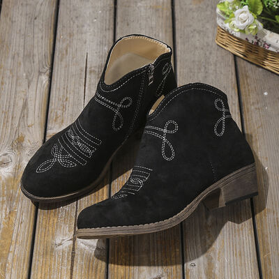 Block heel ankle boots in black with mid-height heels and decorative stitching.