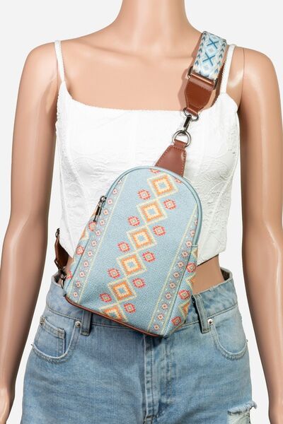 Fame Geometric Wide Strap Crossbody Bag in blue with orange patterns, modern design, adjustable strap, medium size.