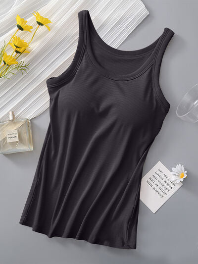 Round Neck Tank with Bra in black featuring moderate stretch and viscose-spandex blend.