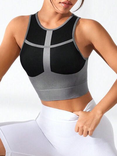 Color Block Round Neck Active Tank with black and grey design.