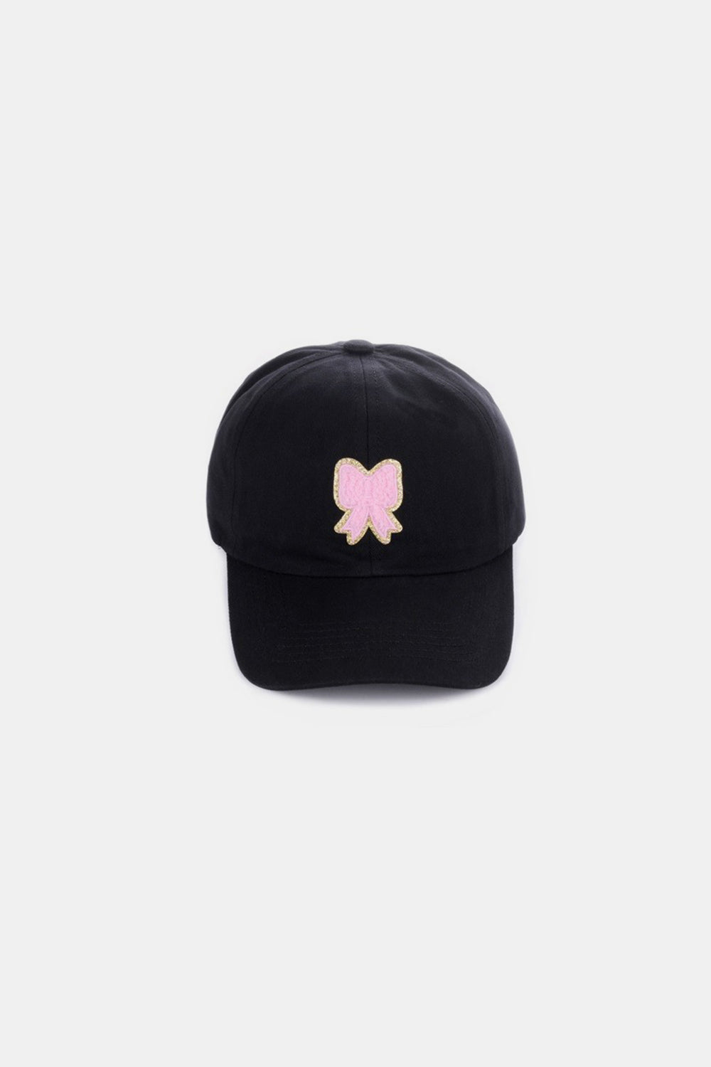 Zenana Ribbon Bow Chenille Patch Baseball Cap in black with pink bow embellishment.