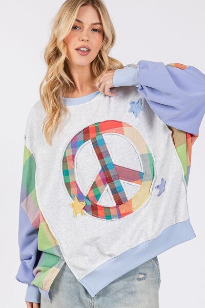 SAGE + FIG Contrast Peace Patch Dropped Shoulder Sweatshirt with colorful patch and loose fit.