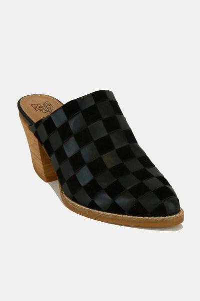 Beast Fashion Woven Checkerboard Block Heel Mule Shoes in black faux suede with mid-height heel.