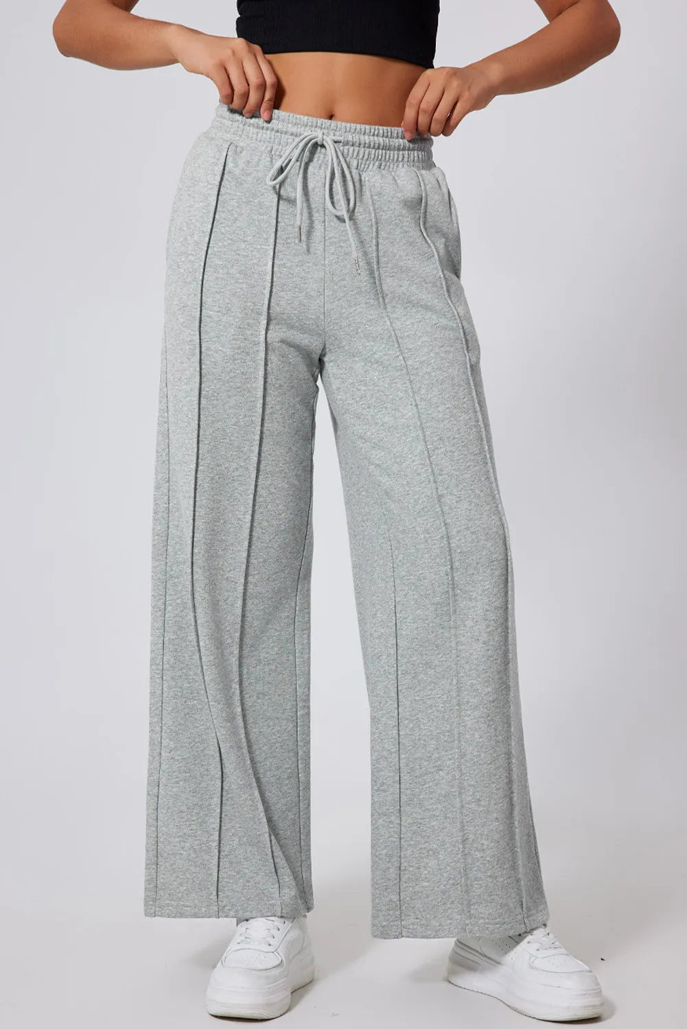 Drawstring wide leg active pants in gray with elastic waistband, no stretch fabric.