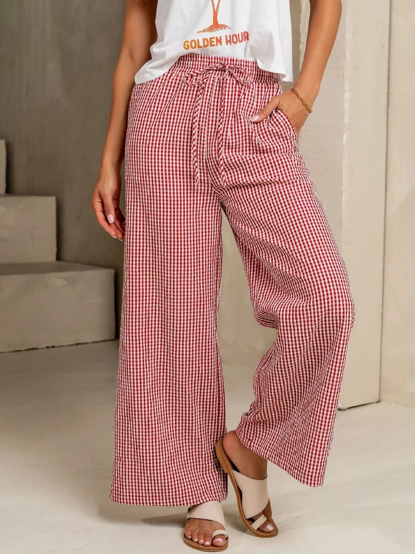 Gingham Print Wide Leg Pants