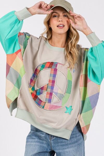 SAGE + FIG Contrast Peace Patch Dropped Shoulder Sweatshirt with colorful peace logo and exposed seam design.