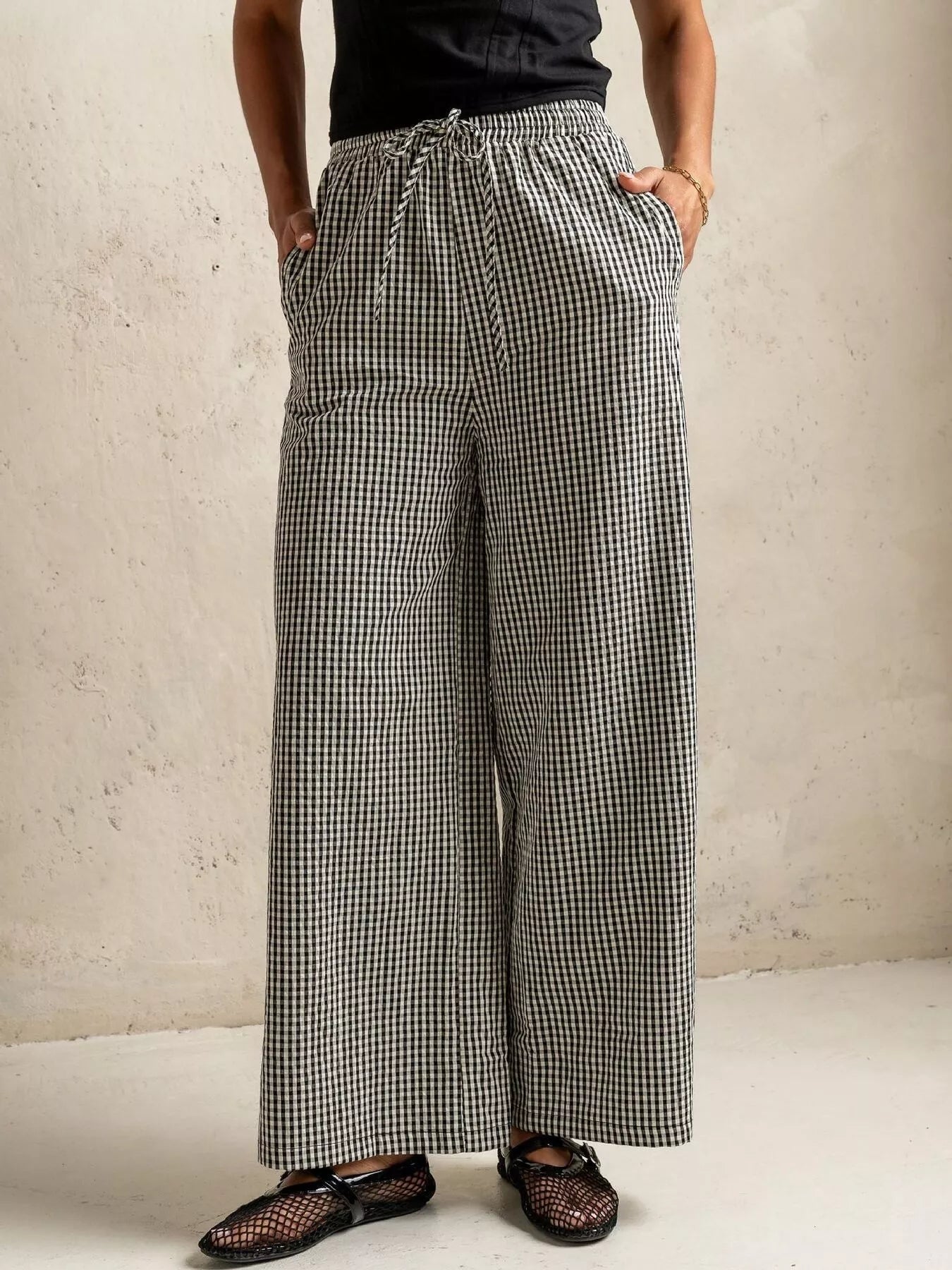 Gingham Print Wide Leg Pants