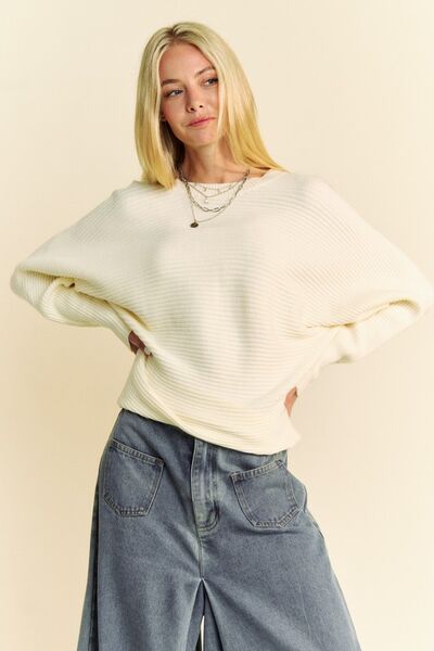 Davi & Dani Round Neck Batwing Sleeve Sweater in cream with oversized batwing sleeves.
