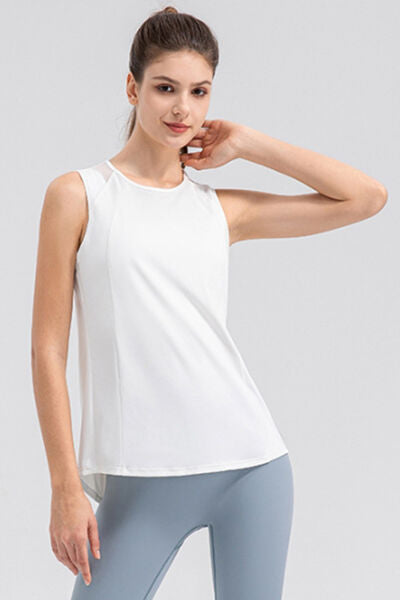 Round neck wide strap active tank, white, slightly stretchy, nylon-elastane blend.