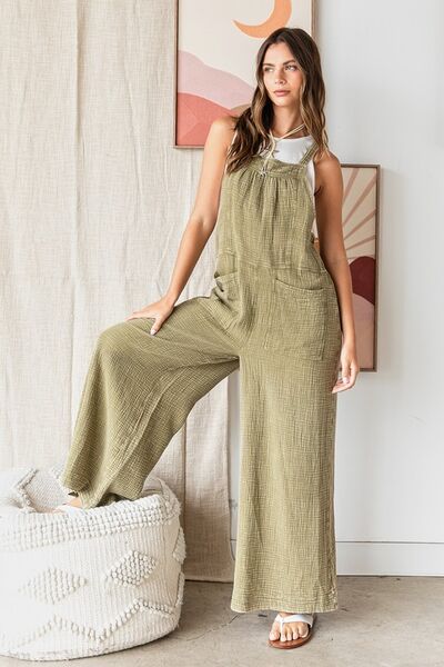Mittoshop Textured Wide Leg Overalls in green cotton with pockets, styled casually.