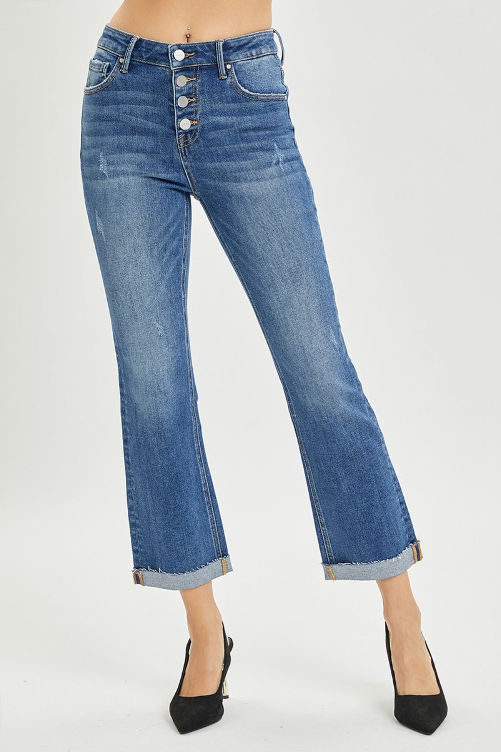 RISEN Full Size Button Fly Cropped Bootcut Jeans in blue denim with retro button fly closure.
