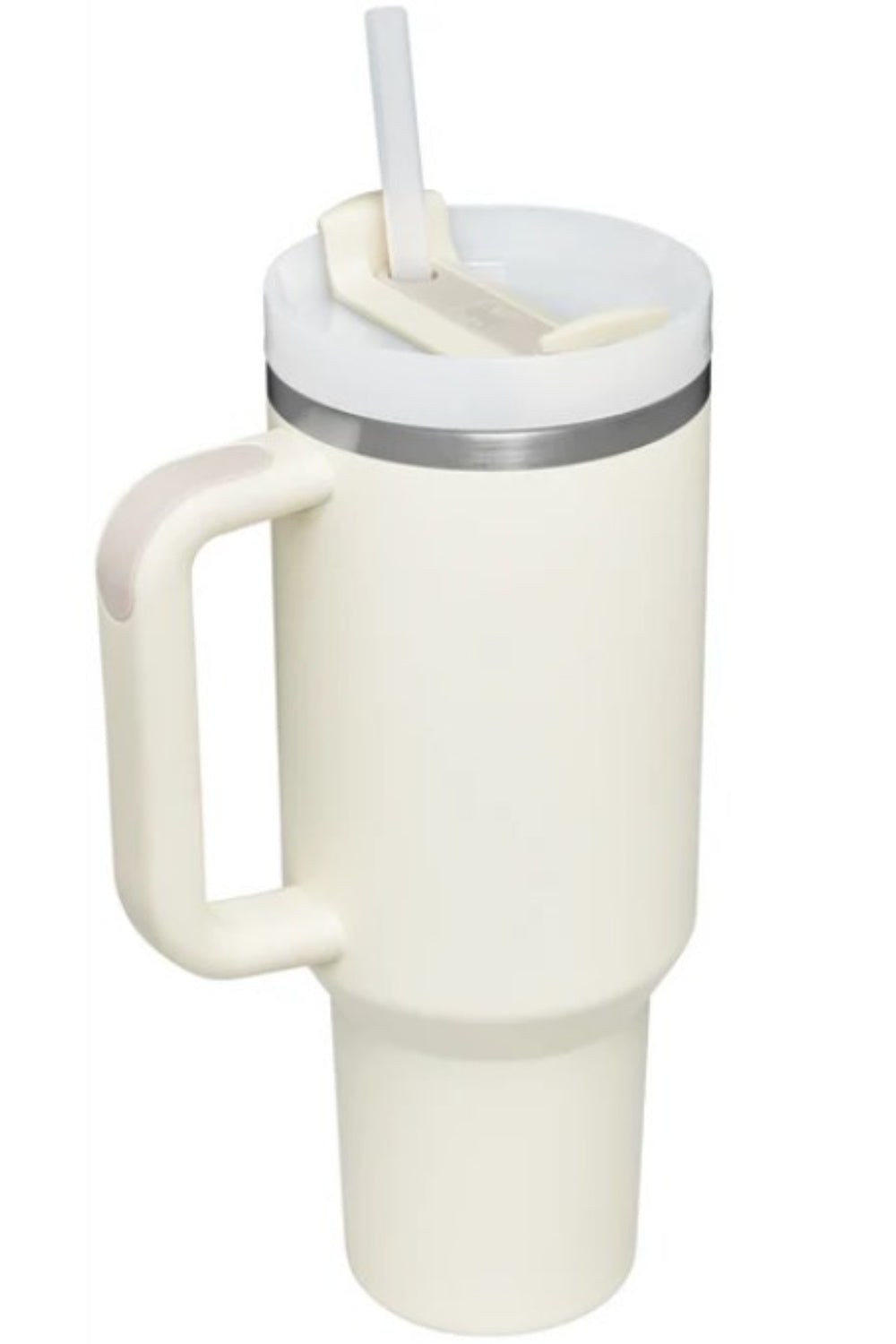 Stainless steel tumbler with upgraded handle and straw, 40 oz capacity.