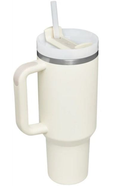 Stainless steel tumbler with upgraded handle and straw, 40 oz capacity.