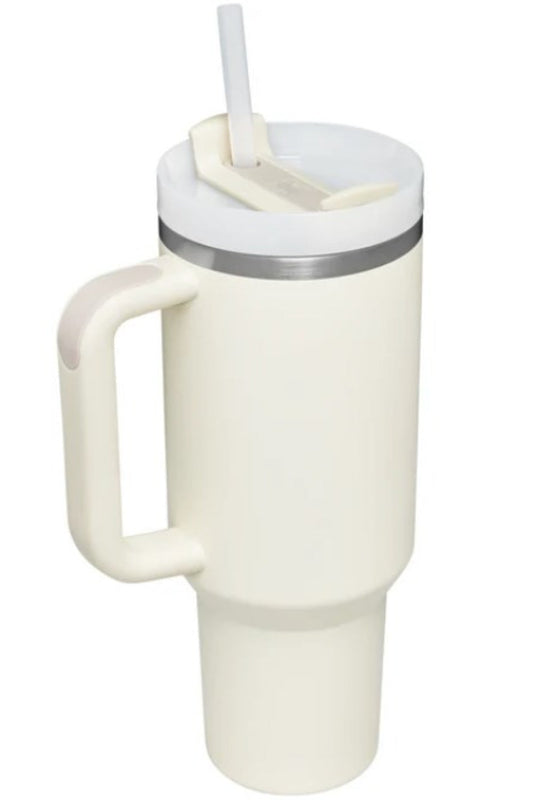 Stainless steel tumbler with upgraded handle and straw, 40 oz capacity.