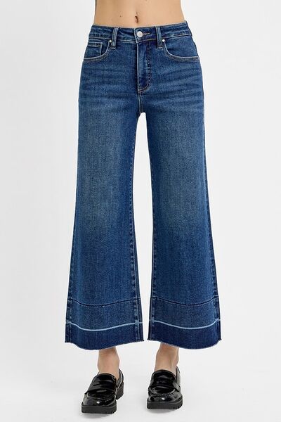RISEN full size tummy control high rise crop wide hem jeans in blue.