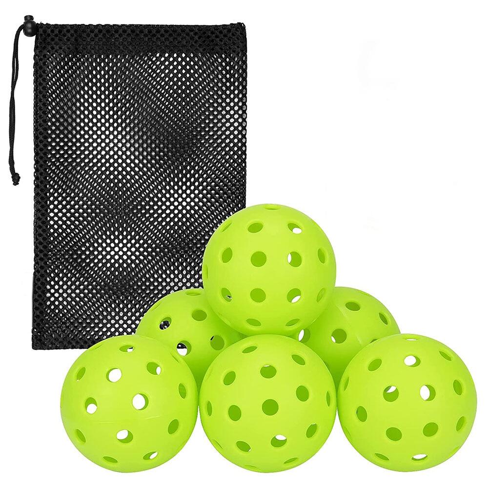 Pickleball ball set 74mm with 40 holes, pack of 6 bright pickleballs for outdoor play with mesh bag.