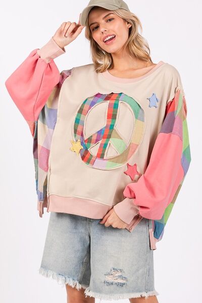 SAGE + FIG Full Size Contrast Peace Patch Dropped Shoulder Sweatshirt with colorful designs and comfortable fit.