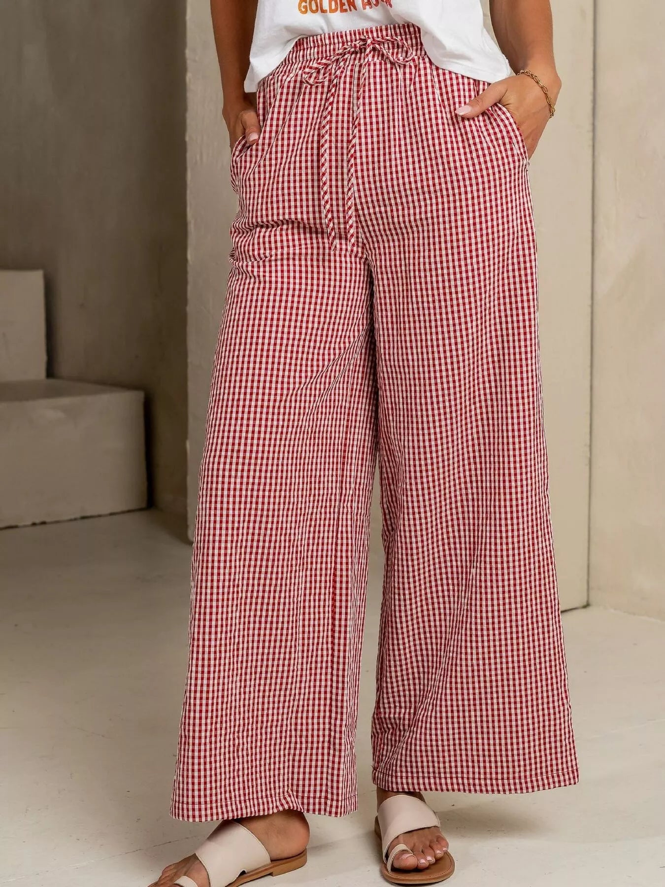 Gingham Print Wide Leg Pants