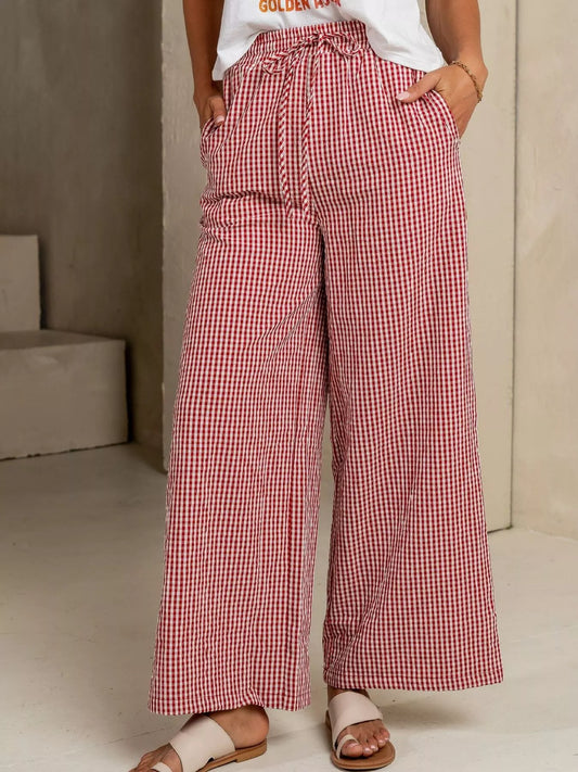 Gingham Print Wide Leg Pants