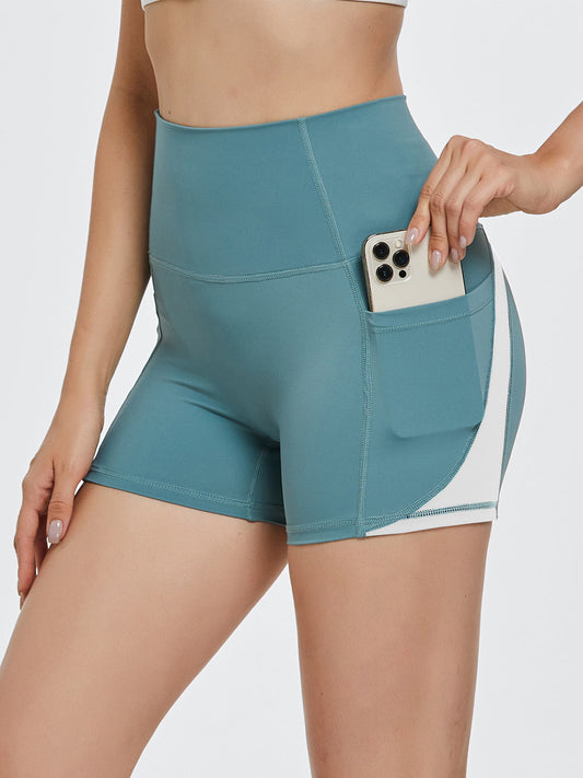 High Waist Active Shorts with phone pocket, teal color, moderate stretch, nylon and spandex material.
