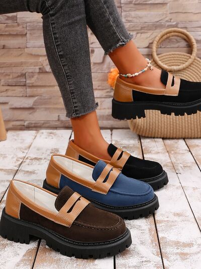 Contrast suede platform loafers with rubber soles in multiple colors displayed on a wooden floor.
