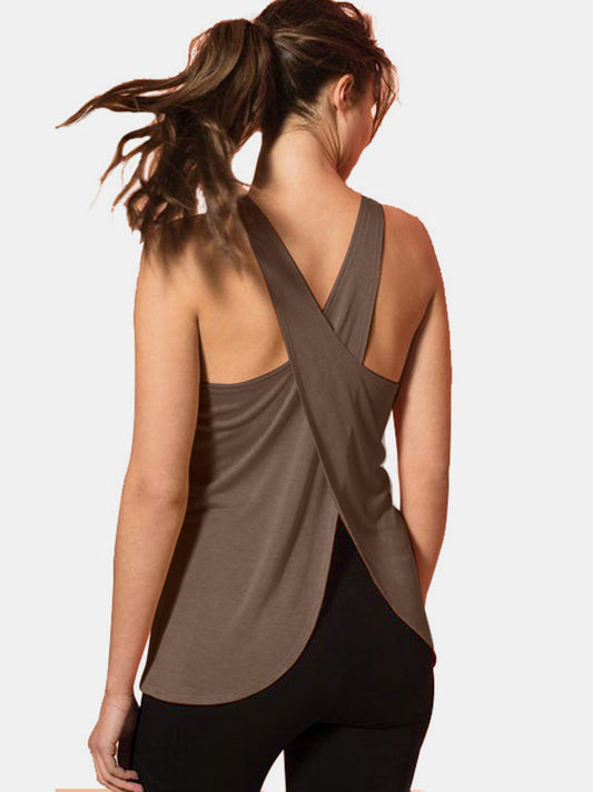 Crisscross Scoop Neck Active Tank in brown, back view, moderate stretch.