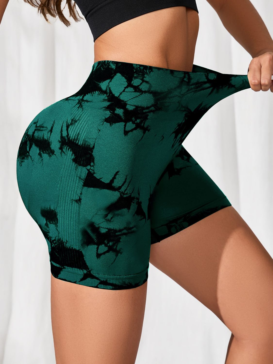Tie-Dye High Waist Active Shorts in green with black tie-dye pattern, highly stretchy fabric.