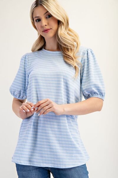 Celeste full size gingham print top with puff sleeves, plus size.