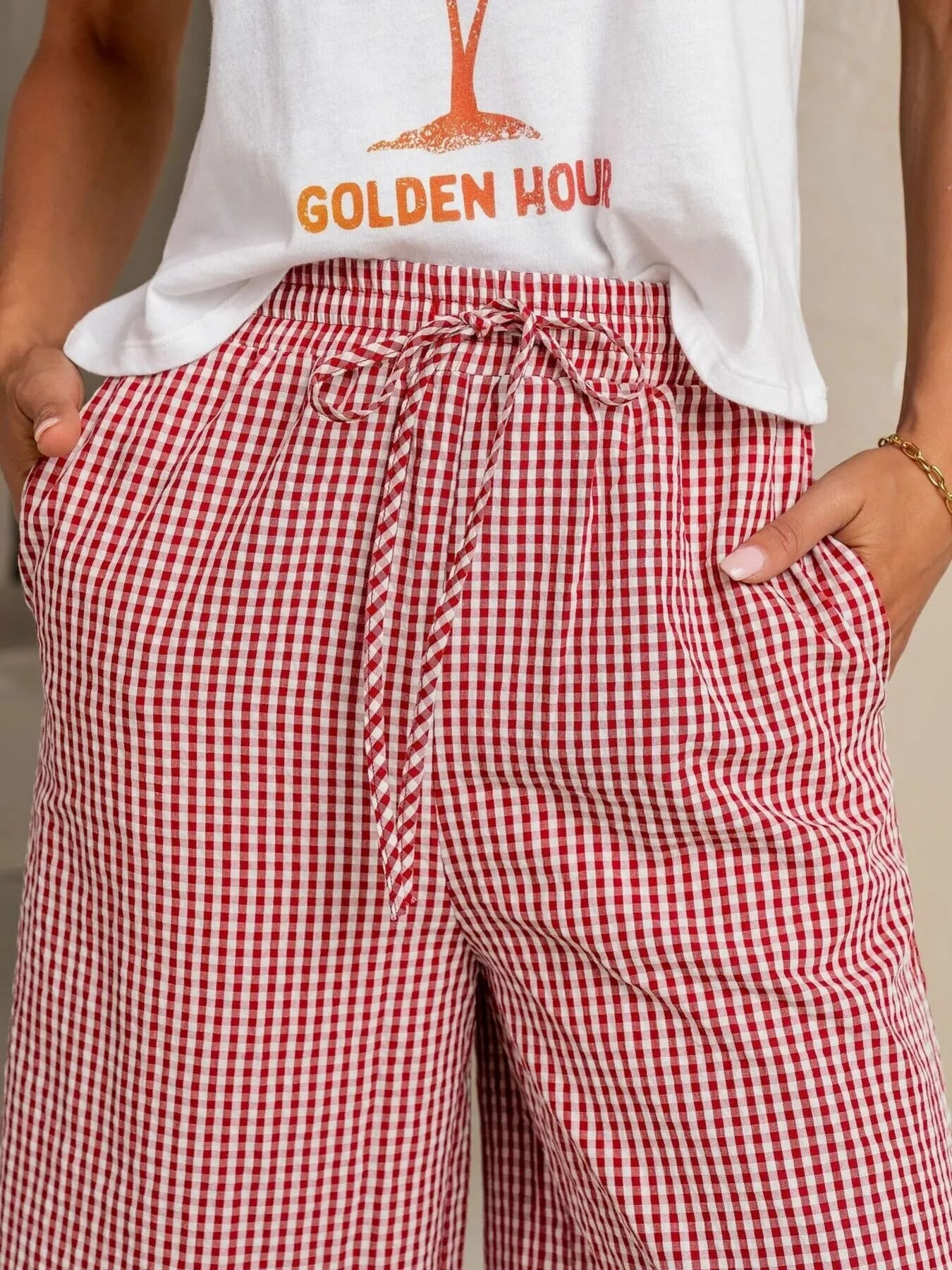 Gingham Print Wide Leg Pants