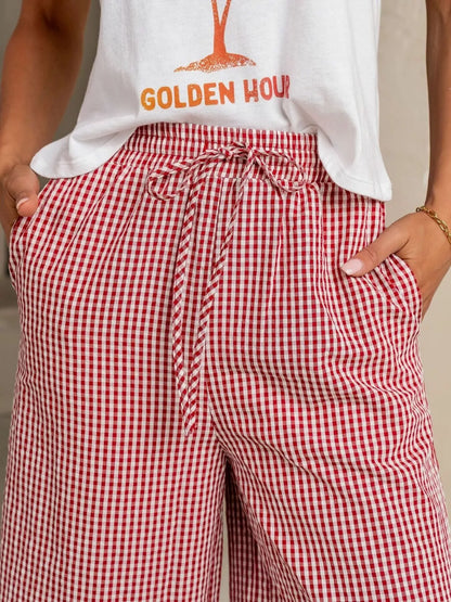 Gingham Print Wide Leg Pants