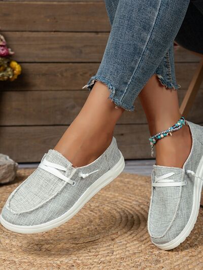 Lace Up Round Toe Slip-Ons, canvas material, flat heel, casual women's shoes.