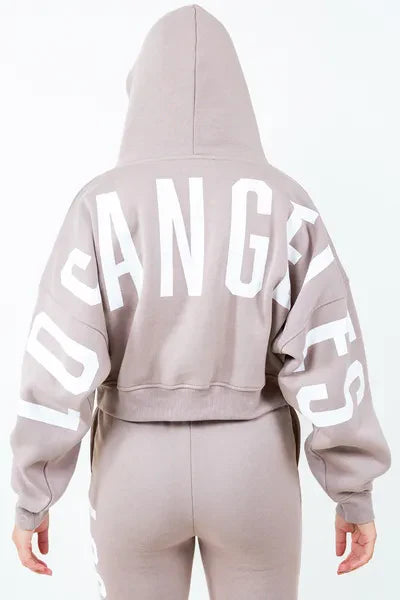 American Bazi Letter Graphic Long Sleeve Drawstring Cropped Hoodie