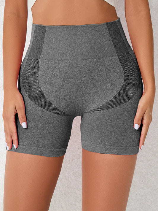 High waist active shorts with basic style, highly stretchy fabric, and grey color.