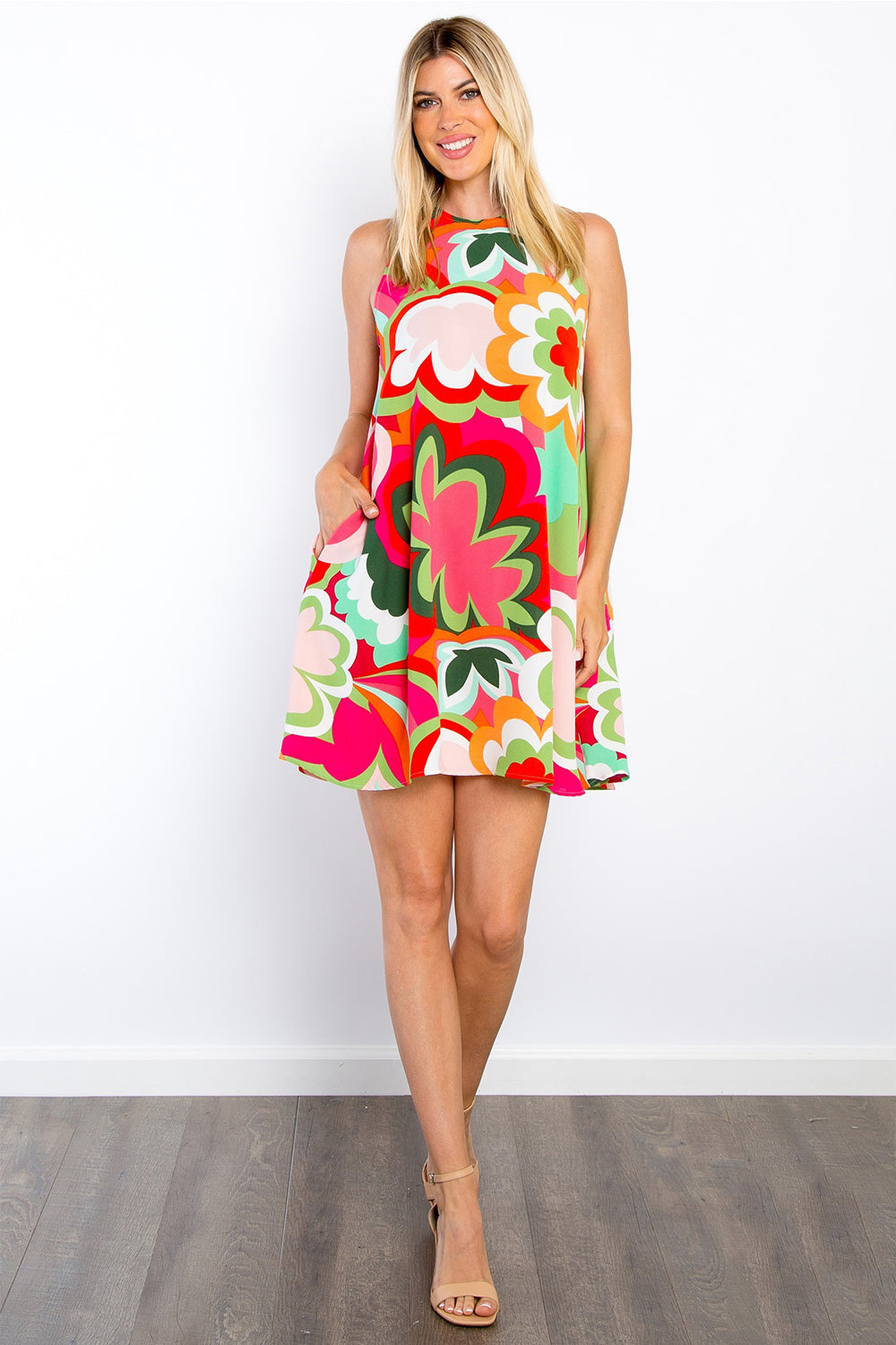 Stage Full Size Floral Sleeveless Mini Dress with Pockets in vibrant colors.