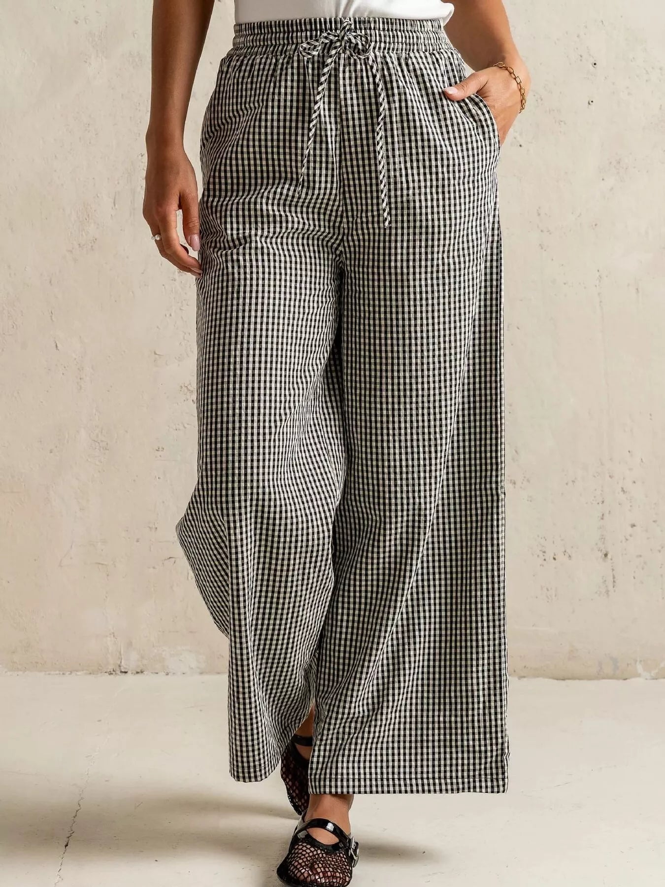 Gingham Print Wide Leg Pants