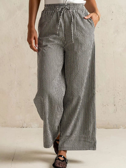 Gingham Print Wide Leg Pants