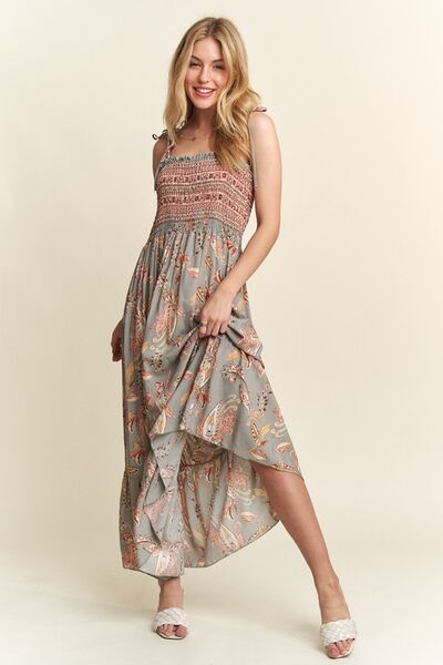 ADORA Smocked Printed Square Neck Tie Shoulder Cami Dress, trendy and chic summer fashion.