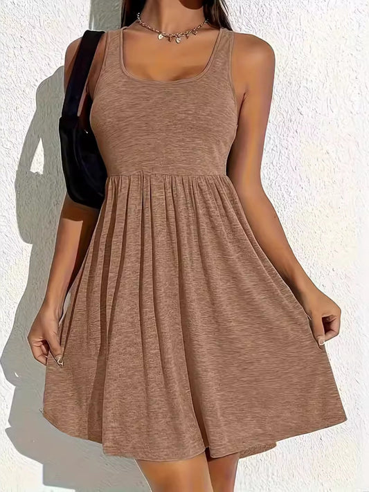 Full Size Square Neck Sleeveless Mini Dress in brown, slightly stretchy fabric.