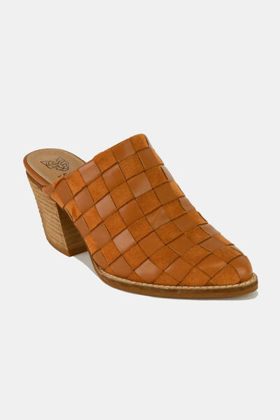 Beast Fashion woven checkerboard block heel mule shoes in faux suede.