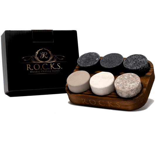 Original Rocks Whiskey Chilling Stones gift set with six unique granite stones and box.