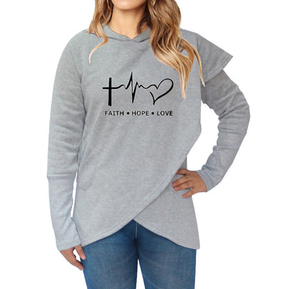 Autumn Winter Women Hoodies Sweatshirt with Faith Print, Plus Size, Gray.
