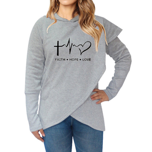 Autumn Winter Women Hoodies Sweatshirt with Faith Print, Plus Size, Gray.