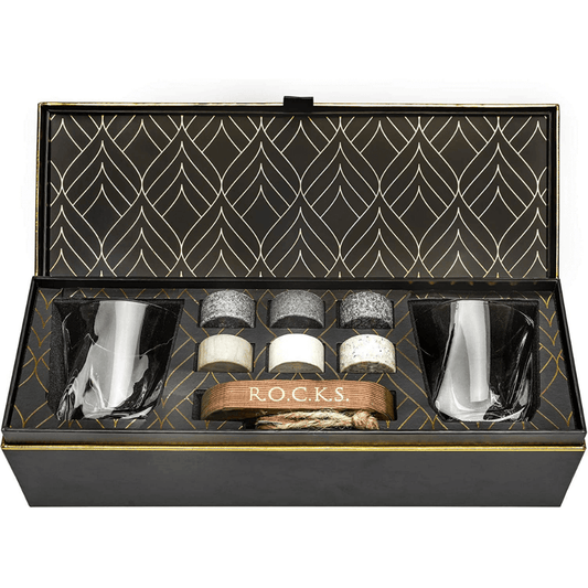 Set - Whiskey Stones & Twist Glass Edition in elegant gift box with whiskey stones and crystal glasses.