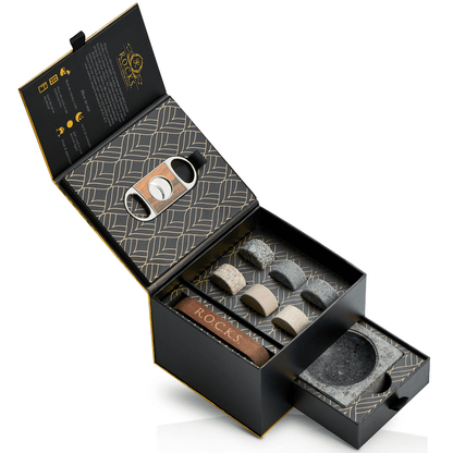 The Gentleman's Set - Cigar Aficionado with cigar ashtray, whiskey stones, and cigar cutter in an elegant box.