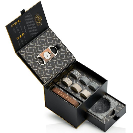 The Gentleman's Set - Cigar Aficionado with cigar ashtray, whiskey stones, and cigar cutter in an elegant box.