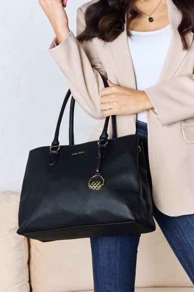 David Jones Structured Leather Handbag in black PU leather, medium size.