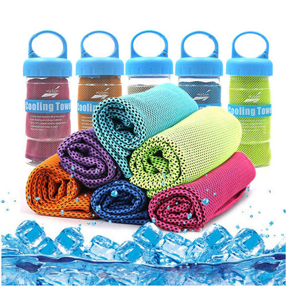 Microfiber sport towels in assorted colors for rapid cooling and quick-dry relief during fitness and outdoor activities.