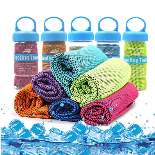 Microfiber sport towels in assorted colors for rapid cooling and quick-dry relief during fitness and outdoor activities.